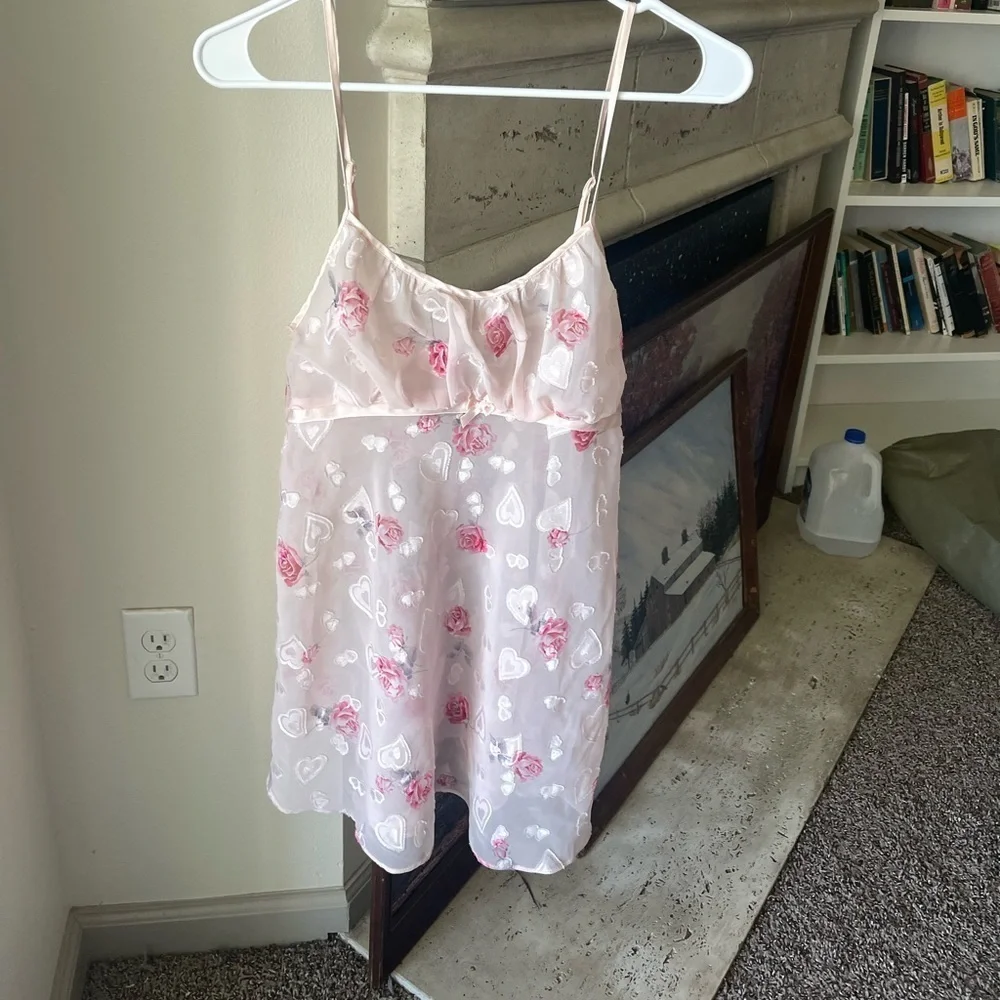 Vintage Heart Pink Dress Slip Lingerie Valentines Day Romantic Coquet
